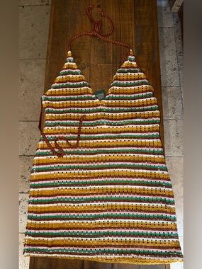 Striped Crochet Halter Dress in Mustard, Green & Pink